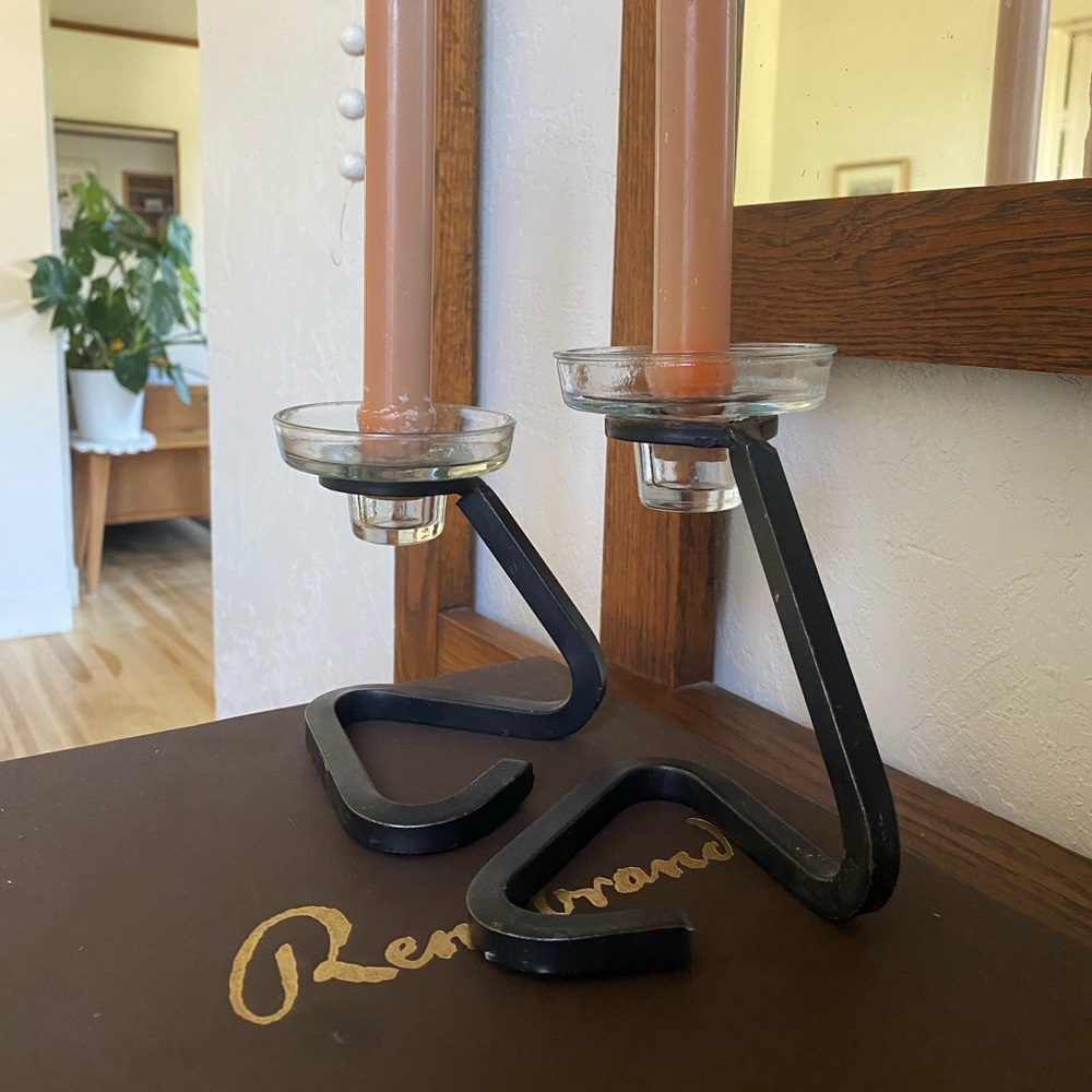 Iron + glass candlesticks set of two